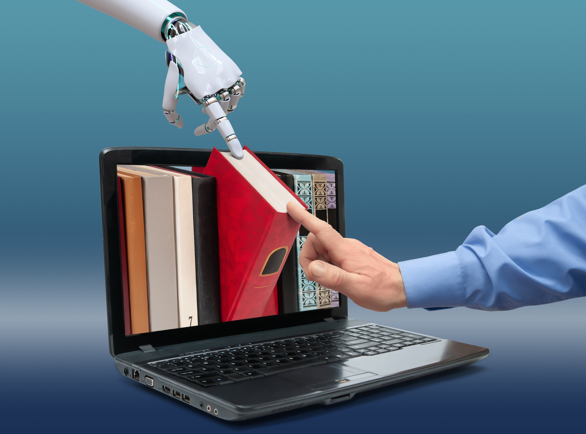 Open laptop with books on screen, human and robot hands touching the book, isolated on a delicate blue gradient background. Concept of deep learning artificial intelligence based on literature.